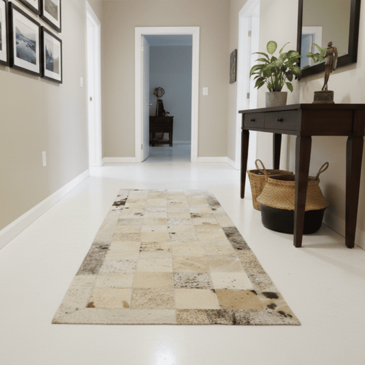 Passadeira de Couro Natural Quadriculada Bege e Cinza 1,50m x 0,50m