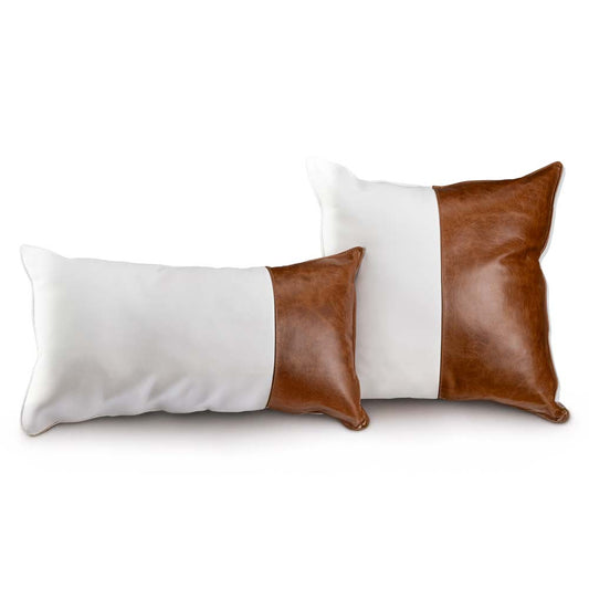 Conjunto com 02 Almofadas DUE em Couro Caramelo e Branco